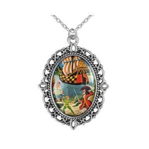 Peter Pan Retro Disney Cartoon Art Large Silver Oval Pendant Necklace